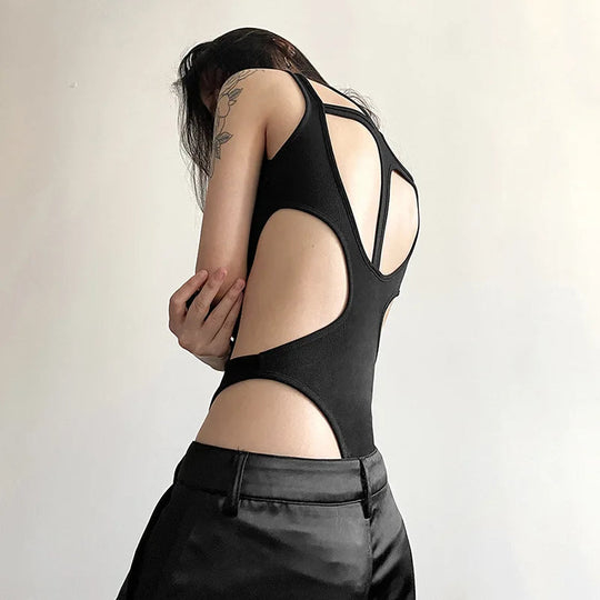 Rave Look Hollow-Out Bodysuit – Y2K Patchwork Body, Rückenfrei, High‑Cut | Festival Outfit Rave outfit kinky techno