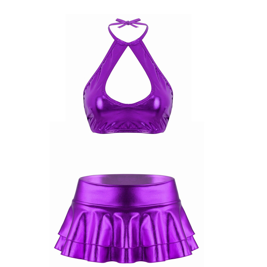 Metallic glänzendes ärmelloses Neckholder-Oberteil aus geschnittenes Riemchen-Oberteil mit Rüschen-Minirock-Tanz kleid zweiteiliges Outfit-Set Festival Outfits | Techno Shirts | Rave Clothing