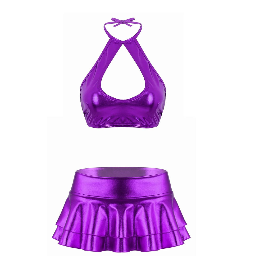 Metallic glänzendes ärmelloses Neckholder-Oberteil aus geschnittenes Riemchen-Oberteil mit Rüschen-Minirock-Tanz kleid zweiteiliges Outfit-Set Festival Outfits | Techno Shirts | Rave Clothing