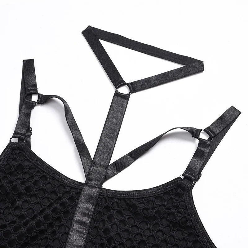 Y2K Punk Harajuku Sexy Dark Bodys Streetwear Wissenschaft Nachtclub Aushöhlen Durchsichtig Streetwear Overalls Emo Alt Strampler Festival Outfits | Techno Shirts | Rave Clothing
