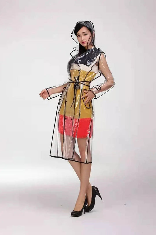 Wasserdichter, transparenter Kunststoff, durchsichtig, lange Damen-Regenmäntel, Damen- und Herrenmode, Regenmantel, Jacken mit Kapuze und Gürtel Festival Outfits | Techno Shirts | Rave Clothing
