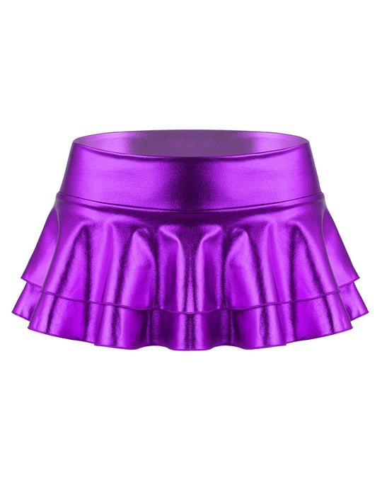 Metallic glänzendes ärmelloses Neckholder-Oberteil aus geschnittenes Riemchen-Oberteil mit Rüschen-Minirock-Tanz kleid zweiteiliges Outfit-Set Festival Outfits | Techno Shirts | Rave Clothing
