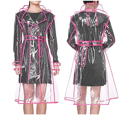 Wasserdichter, transparenter Kunststoff, durchsichtig, lange Damen-Regenmäntel, Damen- und Herrenmode, Regenmantel, Jacken mit Kapuze und Gürtel Festival Outfits | Techno Shirts | Rave Clothing
