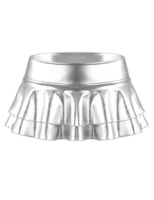 Metallic glänzendes ärmelloses Neckholder-Oberteil aus geschnittenes Riemchen-Oberteil mit Rüschen-Minirock-Tanz kleid zweiteiliges Outfit-Set Festival Outfits | Techno Shirts | Rave Clothing