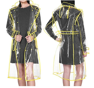 Wasserdichter, transparenter Kunststoff, durchsichtig, lange Damen-Regenmäntel, Damen- und Herrenmode, Regenmantel, Jacken mit Kapuze und Gürtel Festival Outfits | Techno Shirts | Rave Clothing