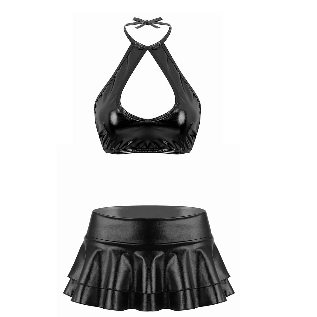 Metallic glänzendes ärmelloses Neckholder-Oberteil aus geschnittenes Riemchen-Oberteil mit Rüschen-Minirock-Tanz kleid zweiteiliges Outfit-Set Festival Outfits | Techno Shirts | Rave Clothing