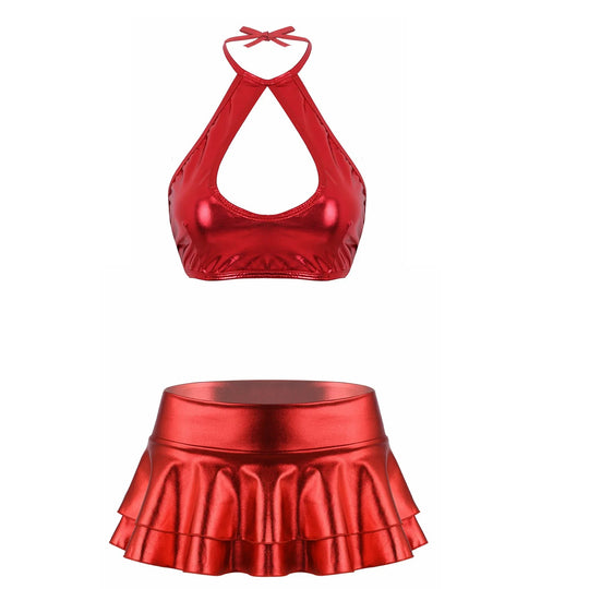 Metallic glänzendes ärmelloses Neckholder-Oberteil aus geschnittenes Riemchen-Oberteil mit Rüschen-Minirock-Tanz kleid zweiteiliges Outfit-Set Festival Outfits | Techno Shirts | Rave Clothing