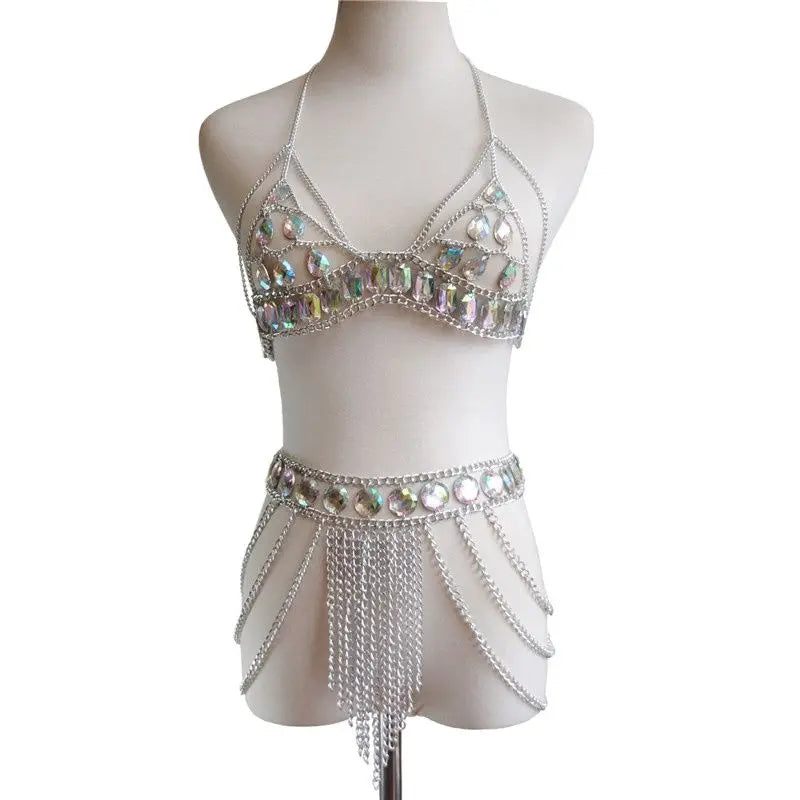FestivalQueen Damen-Set mit Pailletten, Metall-Körperkette, Patchwork, 2-teiliges Rock-Set, Festival-Rave-Outfits, BH-Oberteil, Sommer 2022 Festival Outfits | Techno Shirts | Rave Clothing