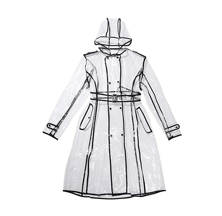 Wasserdichter, transparenter Kunststoff, durchsichtig, lange Damen-Regenmäntel, Damen- und Herrenmode, Regenmantel, Jacken mit Kapuze und Gürtel Festival Outfits | Techno Shirts | Rave Clothing
