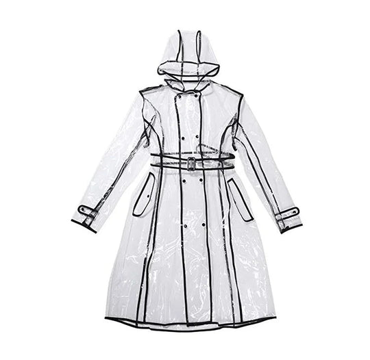 Wasserdichter, transparenter Kunststoff, durchsichtig, lange Damen-Regenmäntel, Damen- und Herrenmode, Regenmantel, Jacken mit Kapuze und Gürtel Festival Outfits | Techno Shirts | Rave Clothing