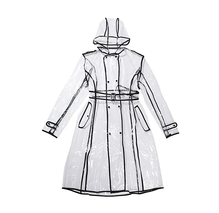 Wasserdichter, transparenter Kunststoff, durchsichtig, lange Damen-Regenmäntel, Damen- und Herrenmode, Regenmantel, Jacken mit Kapuze und Gürtel Festival Outfits | Techno Shirts | Rave Clothing