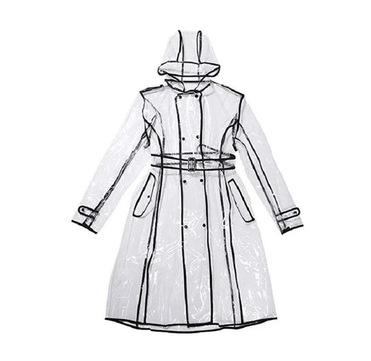 Wasserdichter, transparenter Kunststoff, durchsichtig, lange Damen-Regenmäntel, Damen- und Herrenmode, Regenmantel, Jacken mit Kapuze und Gürtel Festival Outfits | Techno Shirts | Rave Clothing