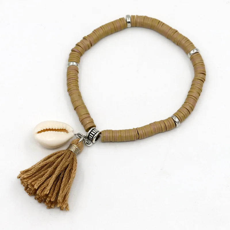 Handgemachte Schmuck Boho Armbänder für Frauen Mode Bunte Polymer Clay Perlen Shell Quaste Armband Geschenke für Weibliche Mädchen Festival Outfits | Techno Shirts | Rave Clothing