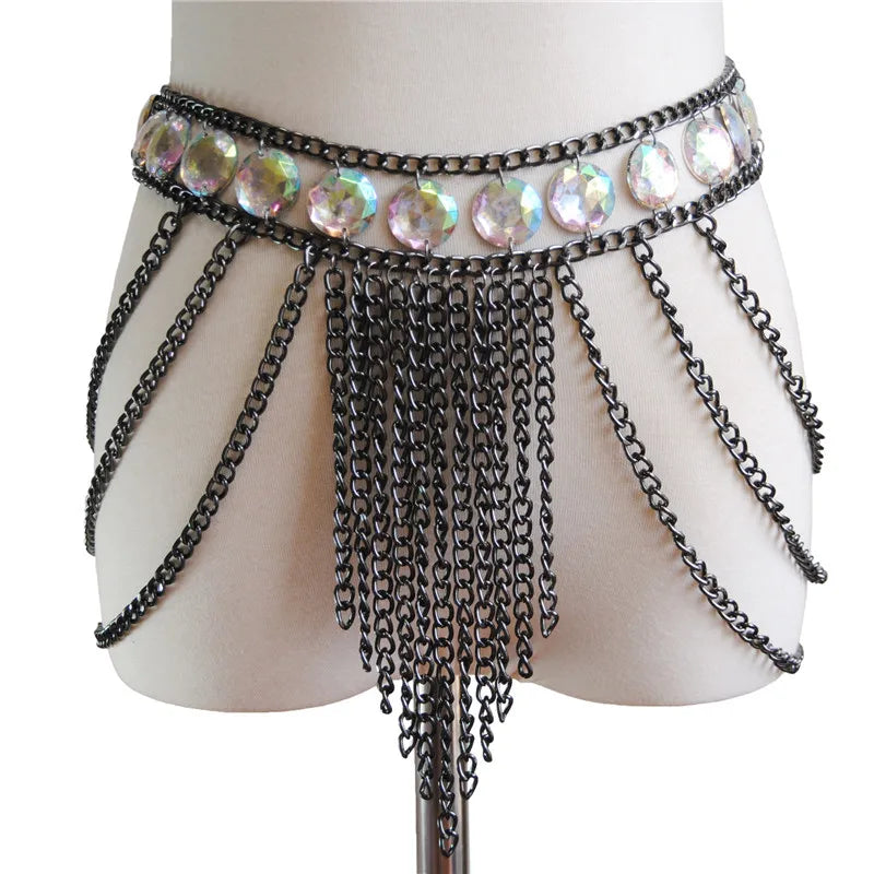 FestivalQueen Damen-Set mit Pailletten, Metall-Körperkette, Patchwork, 2-teiliges Rock-Set, Festival-Rave-Outfits, BH-Oberteil, Sommer 2022 Festival Outfits | Techno Shirts | Rave Clothing