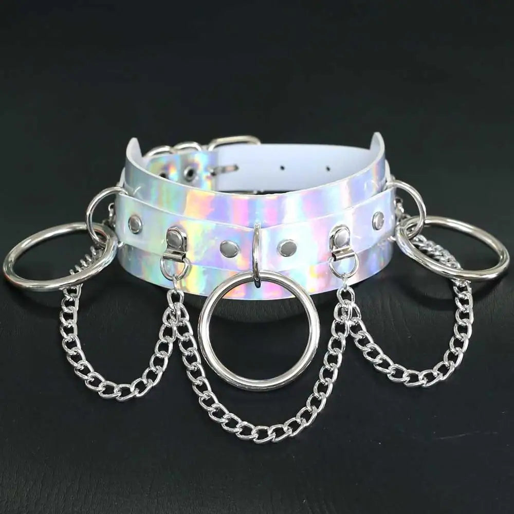 Holographic Rainbow Choker Chain necklace Punk  Leather Collar Women Holo Chocker Rave Festival Costume Jewelry Festival Outfits | Techno Shirts | Rave Clothing