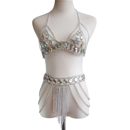 FestivalQueen Damen-Set mit Pailletten, Metall-Körperkette, Patchwork, 2-teiliges Rock-Set, Festival-Rave-Outfits, BH-Oberteil, Sommer 2022 Festival Outfits | Techno Shirts | Rave Clothing