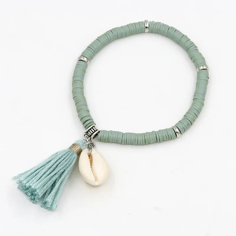Handgemachte Schmuck Boho Armbänder für Frauen Mode Bunte Polymer Clay Perlen Shell Quaste Armband Geschenke für Weibliche Mädchen Festival Outfits | Techno Shirts | Rave Clothing