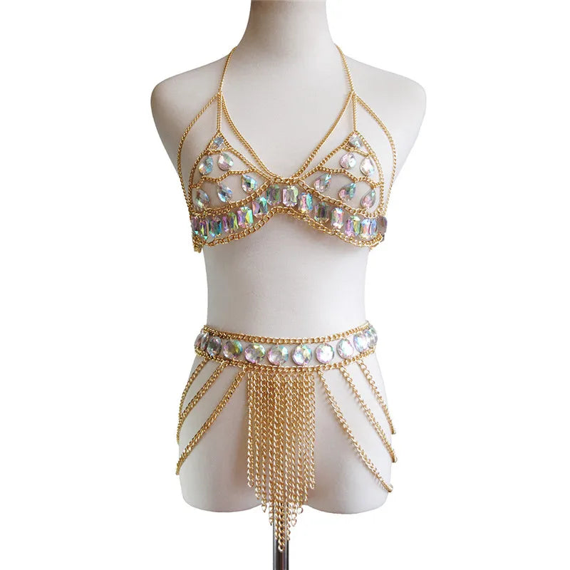 FestivalQueen Damen-Set mit Pailletten, Metall-Körperkette, Patchwork, 2-teiliges Rock-Set, Festival-Rave-Outfits, BH-Oberteil, Sommer 2022 Festival Outfits | Techno Shirts | Rave Clothing