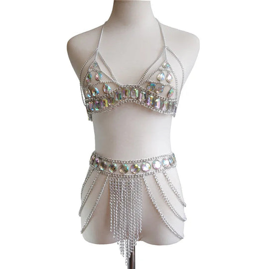 FestivalQueen Damen-Set mit Pailletten, Metall-Körperkette, Patchwork, 2-teiliges Rock-Set, Festival-Rave-Outfits, BH-Oberteil, Sommer 2022 Festival Outfits | Techno Shirts | Rave Clothing
