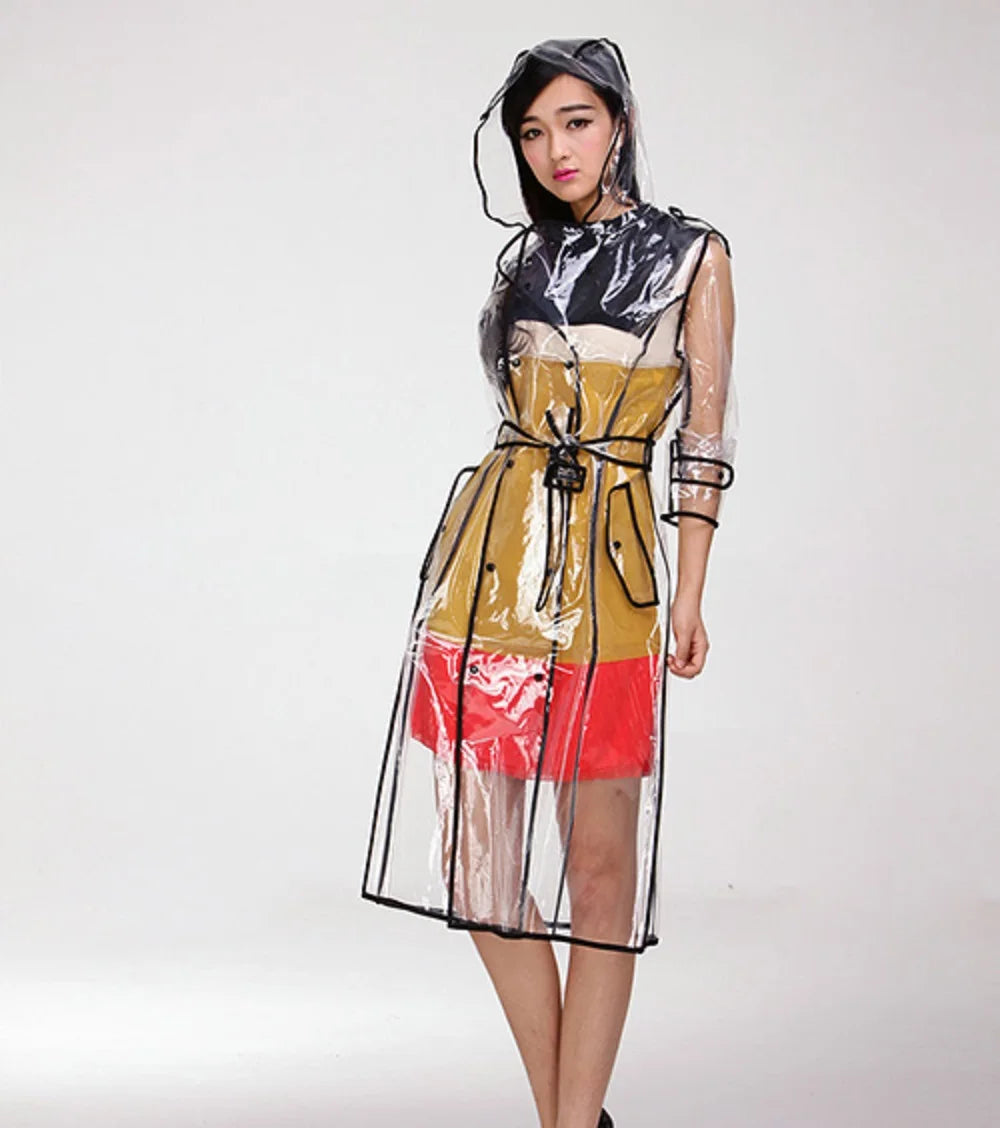 Wasserdichter, transparenter Kunststoff, durchsichtig, lange Damen-Regenmäntel, Damen- und Herrenmode, Regenmantel, Jacken mit Kapuze und Gürtel Festival Outfits | Techno Shirts | Rave Clothing