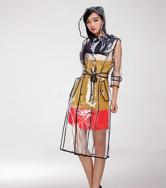 Wasserdichter, transparenter Kunststoff, durchsichtig, lange Damen-Regenmäntel, Damen- und Herrenmode, Regenmantel, Jacken mit Kapuze und Gürtel Festival Outfits | Techno Shirts | Rave Clothing