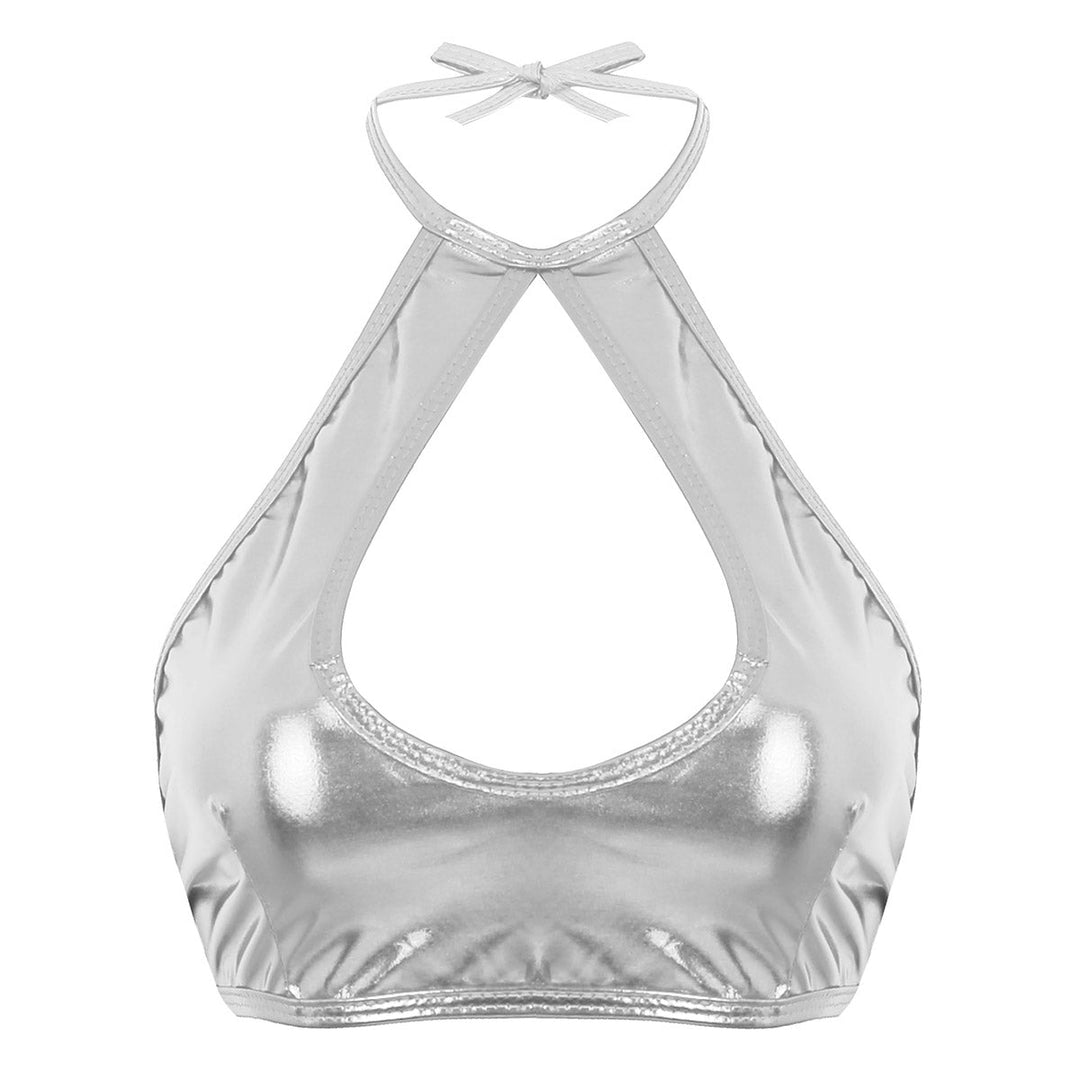 Metallic glänzendes ärmelloses Neckholder-Oberteil aus geschnittenes Riemchen-Oberteil mit Rüschen-Minirock-Tanz kleid zweiteiliges Outfit-Set Festival Outfits | Techno Shirts | Rave Clothing