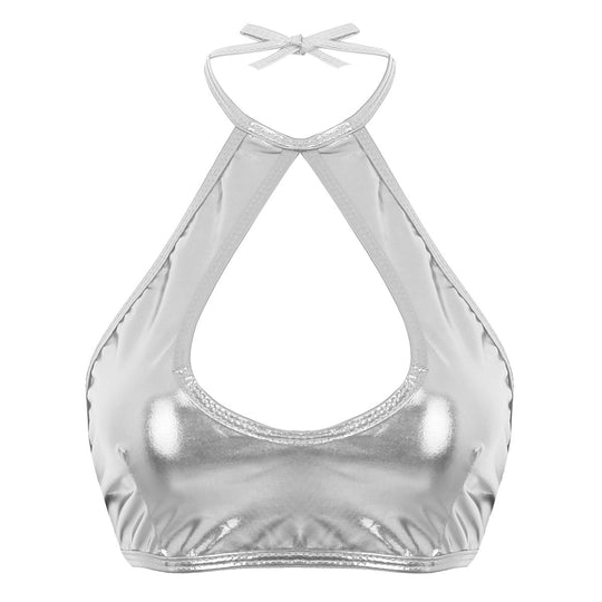 Metallic glänzendes ärmelloses Neckholder-Oberteil aus geschnittenes Riemchen-Oberteil mit Rüschen-Minirock-Tanz kleid zweiteiliges Outfit-Set Festival Outfits | Techno Shirts | Rave Clothing