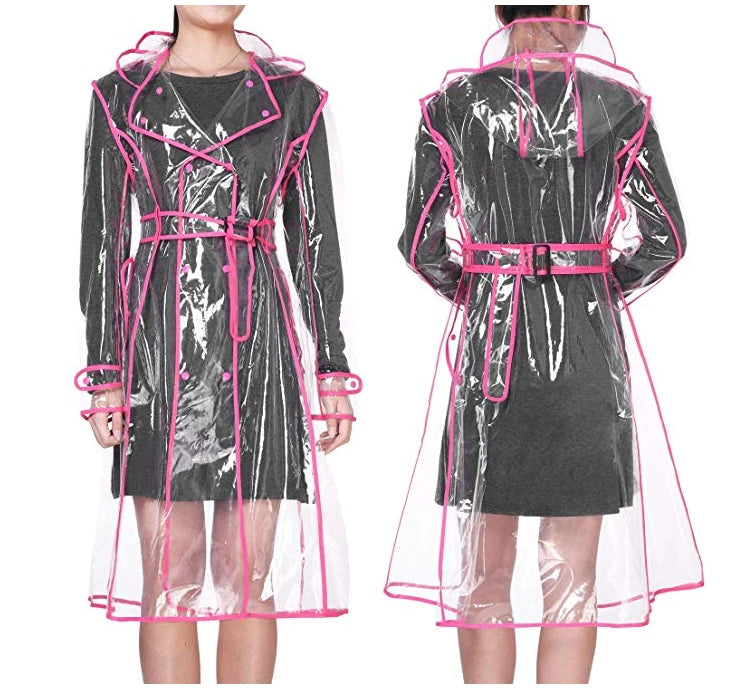 Wasserdichter, transparenter Kunststoff, durchsichtig, lange Damen-Regenmäntel, Damen- und Herrenmode, Regenmantel, Jacken mit Kapuze und Gürtel Festival Outfits | Techno Shirts | Rave Clothing