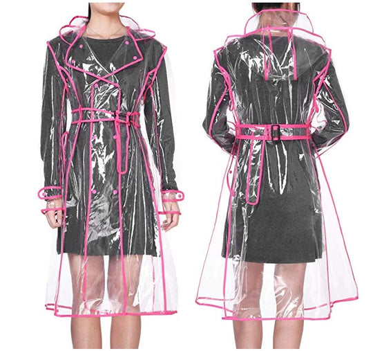 Wasserdichter, transparenter Kunststoff, durchsichtig, lange Damen-Regenmäntel, Damen- und Herrenmode, Regenmantel, Jacken mit Kapuze und Gürtel Festival Outfits | Techno Shirts | Rave Clothing