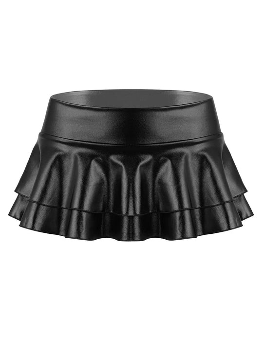 Metallic glänzendes ärmelloses Neckholder-Oberteil aus geschnittenes Riemchen-Oberteil mit Rüschen-Minirock-Tanz kleid zweiteiliges Outfit-Set Festival Outfits | Techno Shirts | Rave Clothing