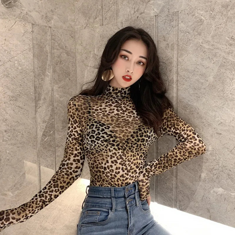 Frauen Retro Halb Hohen Kragen Leopard T-shirt Weibliche Herbst Sexy Dünne Lange ärmeln Mesh T-shirt Perspektive Bodenbildung Engen top Festival Outfits | Techno Shirts | Rave Clothing