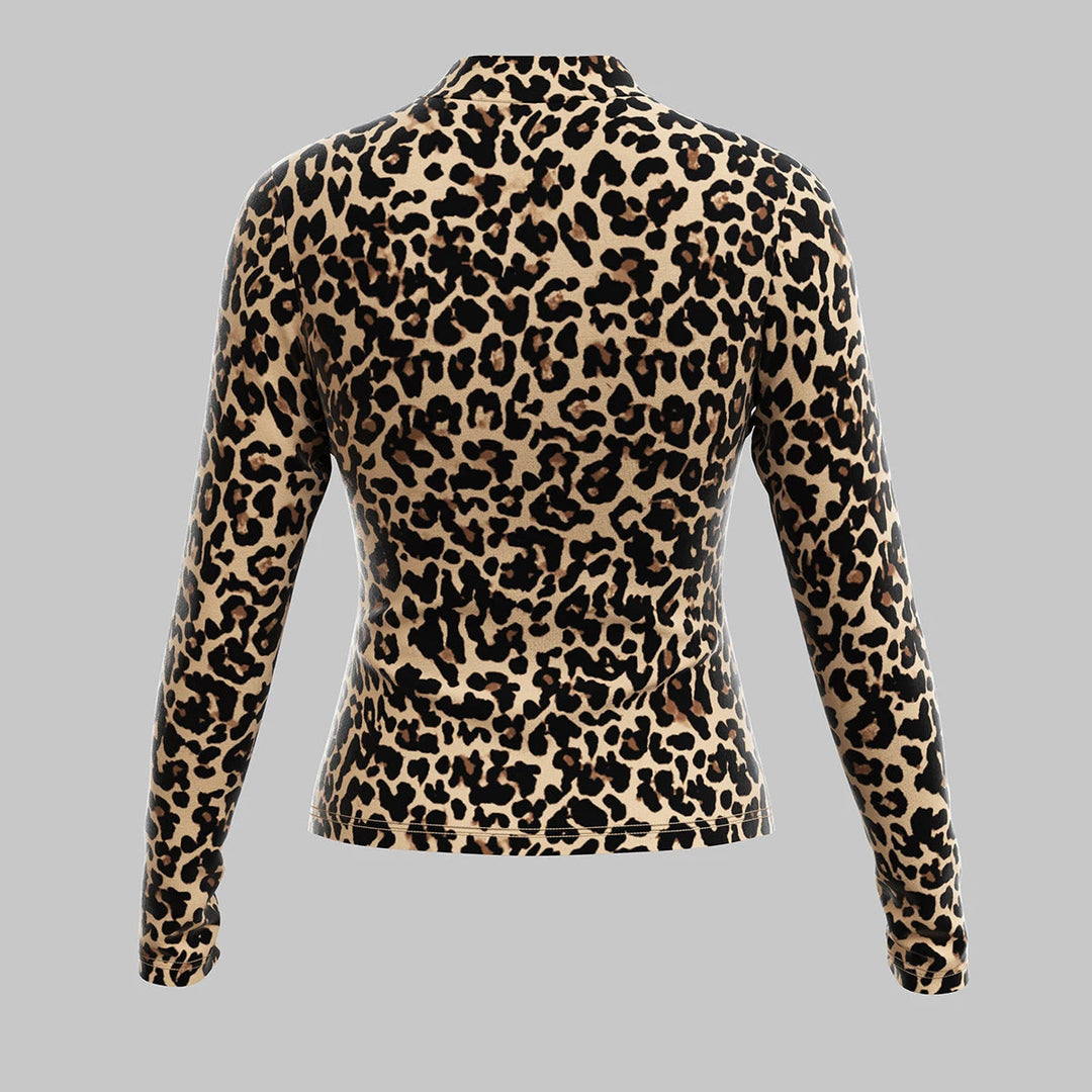 Mia Muse Damen-T-Shirts für alle Jahreszeiten, französische, sexy, ausgeschnittene, langärmlige, modische T-Shirts mit Leopardenmuster und Rundhalsausschnitt Festival Outfits | Techno Shirts | Rave Clothing