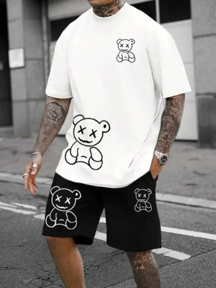 Herren Sommer Cartoon Bär 2-teilige Anzüge Casual T-Shirt und Kordelzug Taille Shorts Set 2025 Urlaub Strand Übergroße Outfits Festival Outfits | Techno Shirts | Rave Clothing