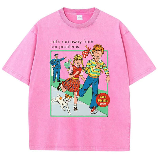 Let' Run Away From Our Problems Print Damen Distress T-Shirts Sommermode gewaschenes T-Shirt atmungsaktive T-Shirts weiche Kleidung Festival Outfits | Techno Shirts | Rave Clothing