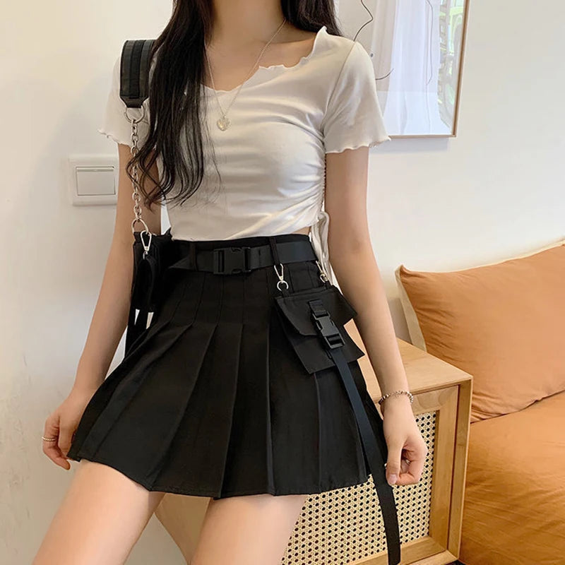 Zoki Harajuku Gürtel Plissee Cargo Rock Frauen Mode Gothic Hohe Taille Tasche Mini Röcke Mode Sommer Dame EINE Linie Schwarz Rock Festival Outfits | Techno Shirts | Rave Clothing