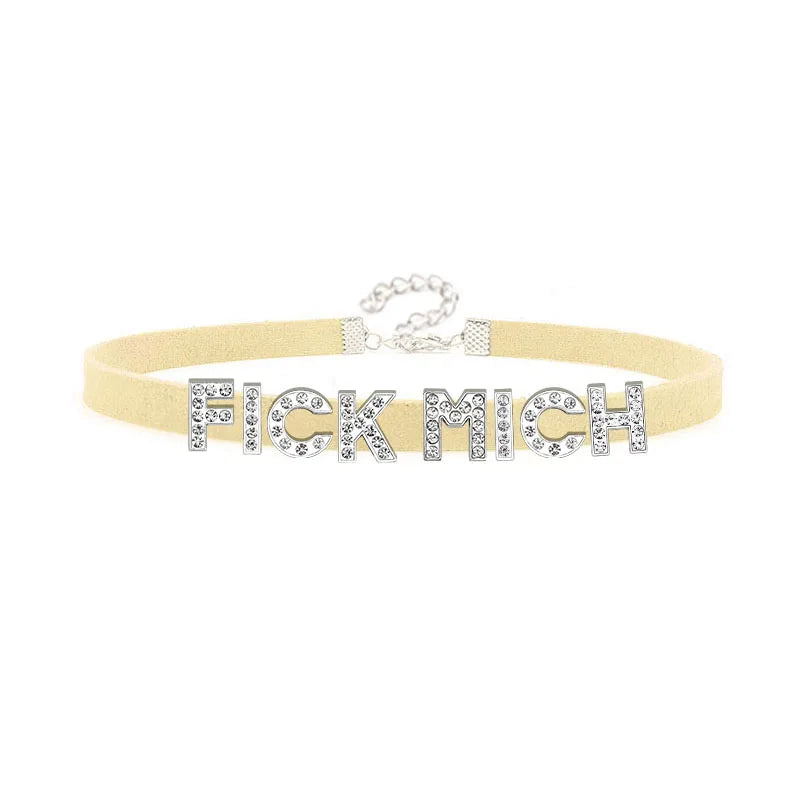 Sexy Rhinestone Letters FICK MICH Collar Choker Necklace Men Women Goth Harajuku DDLG Customized Chocker Cosplay Jewelry Gift Festival Outfits | Techno Shirts | Rave Clothing