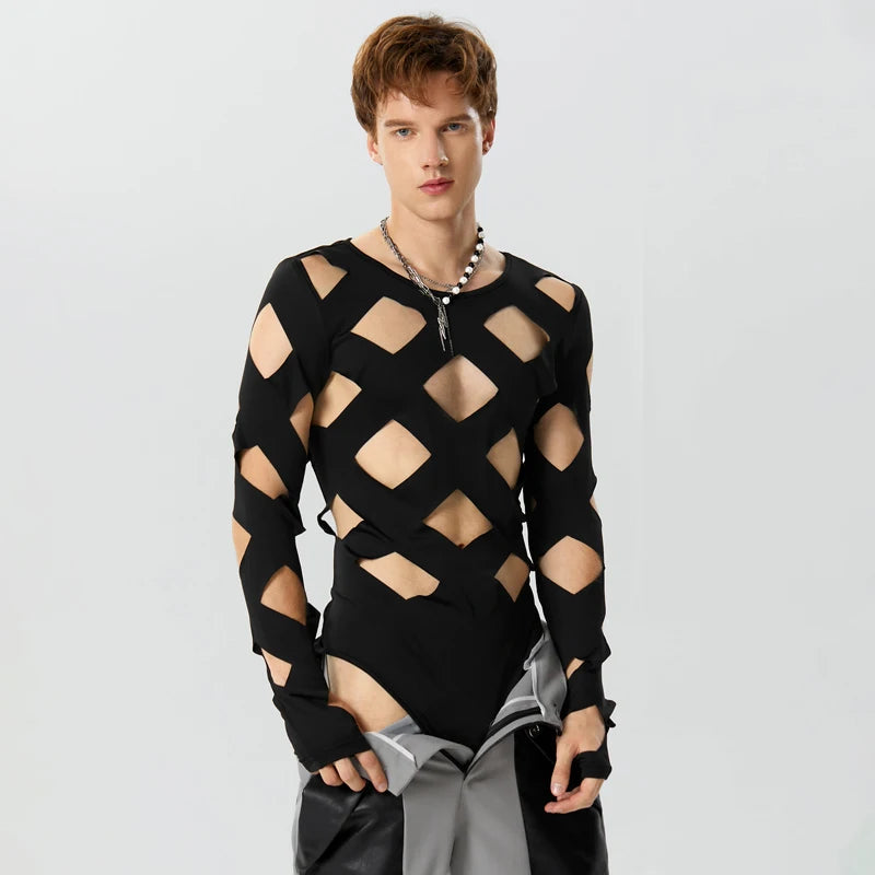 INCERUN Men Bodysuits Solid Color Hollow Out Sexy O-neck Long Sleeve Men T Shirts Rompers Streetwear 2024 Fashion Bodysuit S-3XL Festival Outfits | Techno Shirts | Rave Clothing