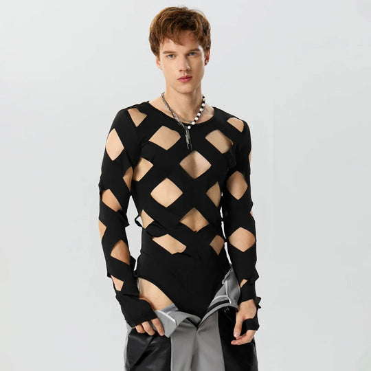 INCERUN Men Bodysuits Solid Color Hollow Out Sexy O-neck Long Sleeve Men T Shirts Rompers Streetwear 2024 Fashion Bodysuit S-3XL Festival Outfits | Techno Shirts | Rave Clothing