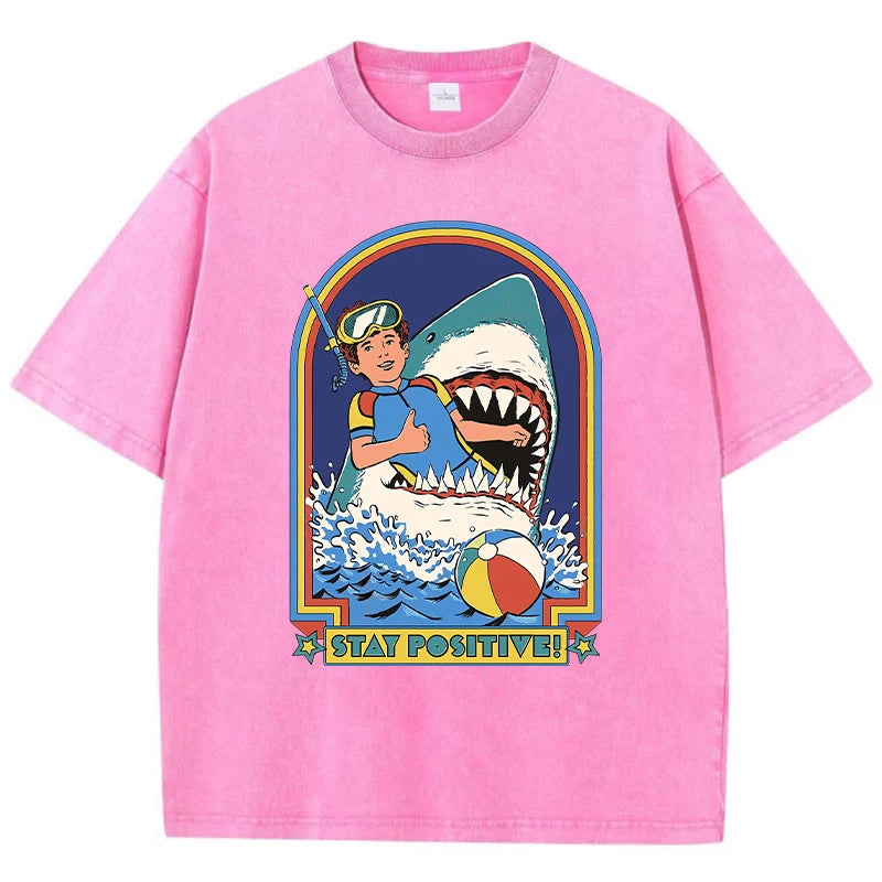 Bleiben Sie positiv, Cartoon-Druck, Damen-Wasch-T-Shirt, atmungsaktiv, bequem, kurzärmelig, modisch, cooles T-Shirt, Not-O-Ausschnitt-Kleidung Festival Outfits | Techno Shirts | Rave Clothing