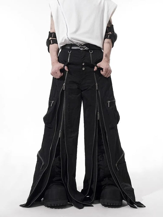 Mauroicardi Frühling Herbst Coole schwarze Baggy-Techwear-Hose mit weitem Bein für Herren mit vielen Reißverschlüssen Luxus-Designer-Kleidung Streetwear Festival Outfits | Techno Shirts | Rave Clothing