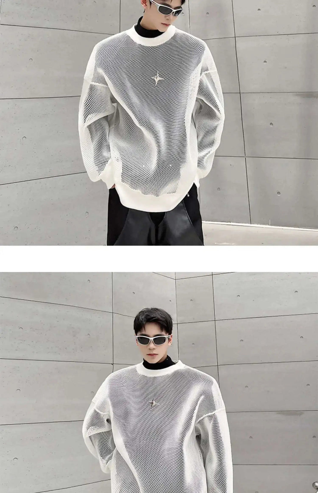 LUZHEN 2025 Frühling High Street Perspektive Original Mesh Design Pullover Herrenmode Metall Schnalle Schmücken Casual Tops LZ3027 Festival Outfits | Techno Shirts | Rave Clothing