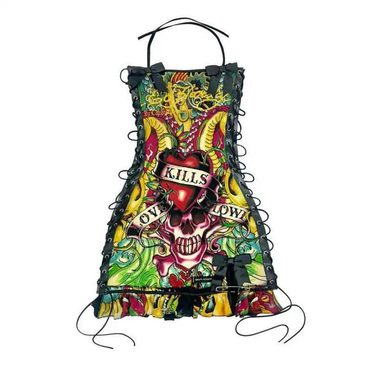 Totenkopf bedruckte Gothic-Minikleider für Damen, Schnürung, Neckholder, sexy Kleider, Slash-Ausschnitt, Y2k-Partykleider, A-Linie, figurbetontes Kleid für Damen Festival Outfits | Techno Shirts | Rave Clothing