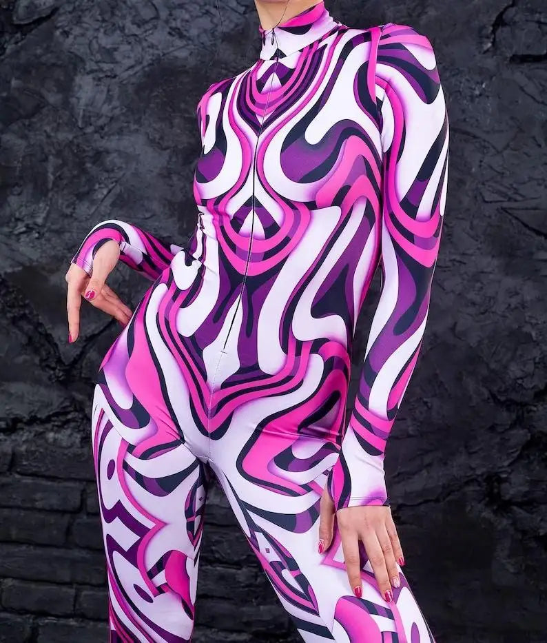 Colorful 3D Printing Women Holiday Party Cyber Punk Rainbow Jumpsuit Onesie Halloween Cosplay Costume Elastic Bodysuit Romper Festival Outfits | Techno Shirts | Rave Clothing