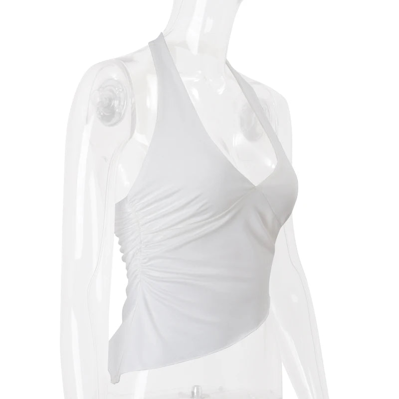 WhereMery Casual Solide Frauen Halter Crop Top Y2K Elegante V-ausschnitt Ärmellose Falten Sommer Tees Formale Streetwear Sportliche Weibliche Weste Festival Outfits | Techno Shirts | Rave Clothing