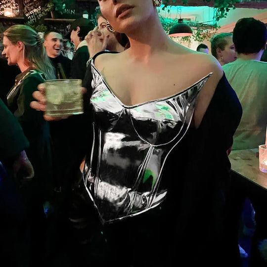 Sexy Frauen Shiny Gold Silber Bustier Crop Tops Helle PU Leder Krone Gürtel Abnehmen Taille Liebsten Low-cut Korsett top Sommer Festival Outfits | Techno Shirts | Rave Clothing