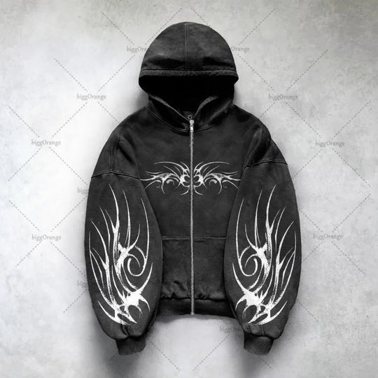 Gothic Punk Grafik Druck Übergroßen Sweatshirt High Street Harajuku Y2K Streetwear Jacke Männer Hip Hop Retro Casual Zipper Hoodie Festival Outfits | Techno Shirts | Rave Clothing