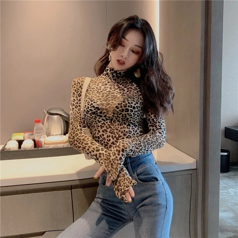 Frauen Retro Halb Hohen Kragen Leopard T-shirt Weibliche Herbst Sexy Dünne Lange ärmeln Mesh T-shirt Perspektive Bodenbildung Engen top Festival Outfits | Techno Shirts | Rave Clothing