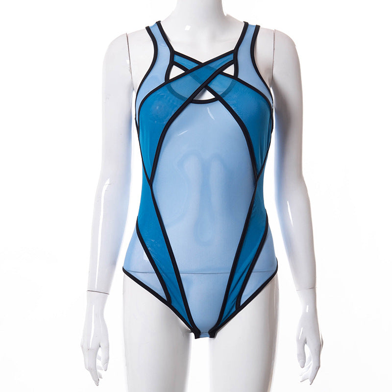 2024 neue durchsichtige Mesh aushöhlen Bodysuit Frauen Sommer lila Patchwork Bodys sexy Bade bekleidung Frauen Festival Outfit Korsett Top Festival Outfits | Techno Shirts | Rave Clothing