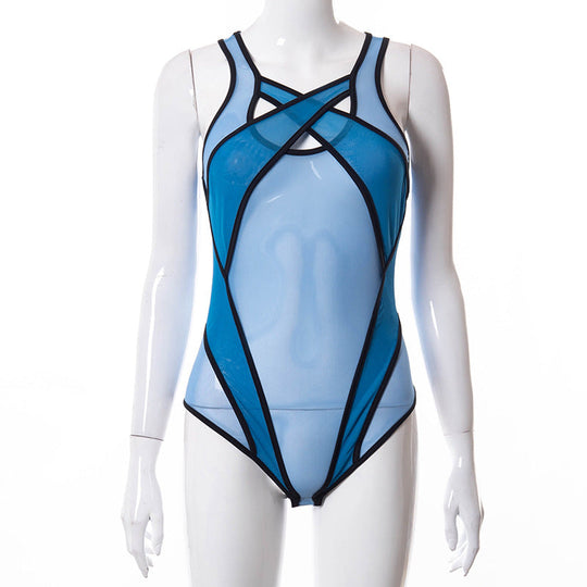 2024 neue durchsichtige Mesh aushöhlen Bodysuit Frauen Sommer lila Patchwork Bodys sexy Bade bekleidung Frauen Festival Outfit Korsett Top Festival Outfits | Techno Shirts | Rave Clothing