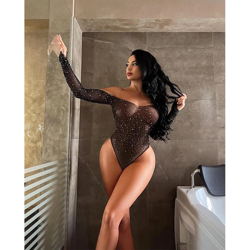 Frauen Strass Glitter Body Hohe Netzstrumpfhose Erotische Dessous Y2k Sexy Tops Einteilige Dessous Erotische Körper Rave Outfits Festival Outfits | Techno Shirts | Rave Clothing